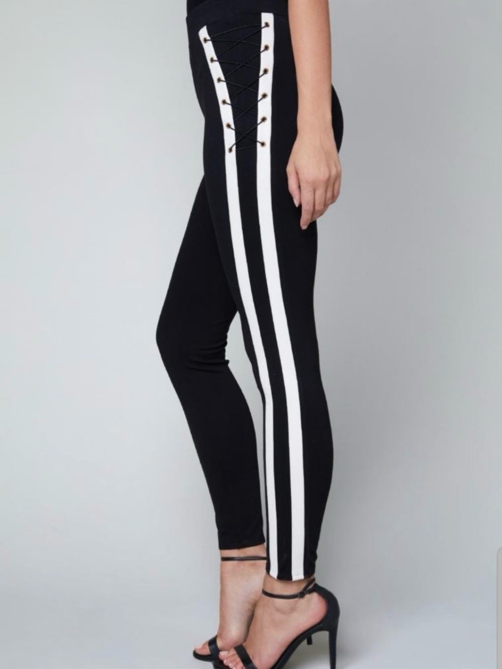 bebe Black Leggings with White Lace-Up Side Stripes